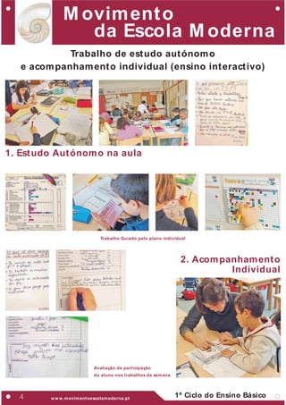 M ovim ent o
                 da Escola M oderna
             Trabalho de est udo aut ónom o
   e acom panham ent o individual (ensino int eract ivo)




1. Est udo Aut ónom o na aula




                               Trabalho Guiado pelo plano individual




                                                                  2. Acom panham ent o
                                                                            Individual




                            Avaliação da part icipação
                            do aluno nos t rabalhos da sem ana




   4     w w w .m ovim ent oescolam oderna.pt                    1º Ciclo do Ensino Básico
 