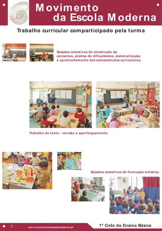 M ovim ent o
                da Escola M oderna
    Trabalho curricular com part icipado pela t urm a


                              Sessões colect ivas de const rução de
                              conceit os, análise de dif iculdades, sist em at ização
                              e aprof undam ent o das com pet ências curriculares.




        Trabalho de t ext o - revisão e aperf eiçoam ent o




                                                    Sessões colect ivas de f orm ação art íst ica.




5       w w w .m ovim ent oescolam oderna.pt
                                                         1º Ciclo do Ensino Básico
 
