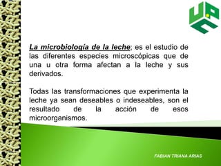 FABIAN TRIANA ARIAS
La microbiología de la leche; es el estudio de
las diferentes especies microscópicas que de
una u otra forma afectan a la leche y sus
derivados.
Todas las transformaciones que experimenta la
leche ya sean deseables o indeseables, son el
resultado de la acción de esos
microorganismos.
 