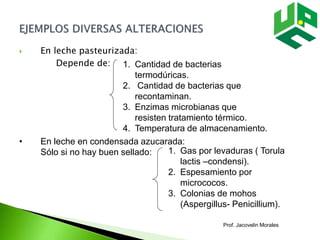  En leche pasteurizada:
Depende de: 1. Cantidad de bacterias
termodúricas.
2. Cantidad de bacterias que
recontaminan.
3. Enzimas microbianas que
resisten tratamiento térmico.
4. Temperatura de almacenamiento.
• En leche en condensada azucarada:
Sólo si no hay buen sellado: 1. Gas por levaduras ( Torula
lactis –condensi).
2. Espesamiento por
micrococos.
3. Colonias de mohos
(Aspergillus- Penicillium).
Prof. Jacovelin Morales
 