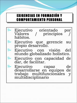 Ejecutivo orientado por Valores / principios / hábitos. Ejecutivo que gerencie su propio desarrollo. Ejecutivo con visión del mundo globalizado holístico. Ejecutivo con capacidad de dar, de facilitar. Ejecutivo capaz de desarrollarse en equipos de trabajo multifuncionales y multidisciplinario EXIGENCIAS EN FORMACIÓN Y COMPORTAMIENTO PERSONAL 