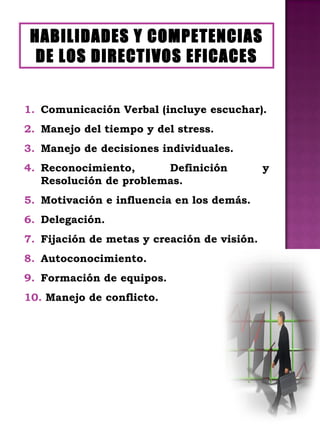Comunicación Verbal (incluye escuchar). Manejo del tiempo y del stress. Manejo de decisiones individuales. Reconocimiento, Definición y Resolución de problemas. Motivación e influencia en los demás. Delegación. Fijación de metas y creación de visión. Autoconocimiento. Formación de equipos. Manejo de conflicto. HABILIDADES Y COMPETENCIAS DE LOS DIRECTIVOS EFICACES 