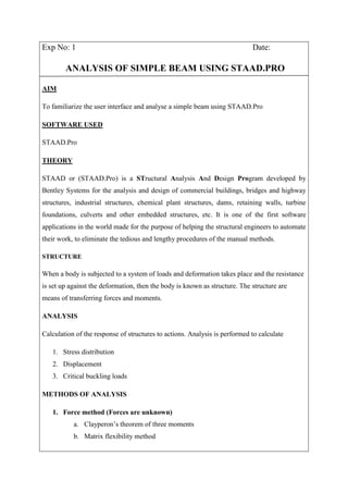 Analysis of simple beam using STAAD Pro (Exp No 1) | PDF