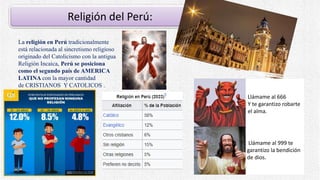 Religión del Perú:
La religión en Perú tradicionalmente
está relacionada al sincretismo religioso
originado del Catolicismo con la antigua
Religión Incaica, Perú se posiciona
como el segundo país de AMERICA
LATINA con la mayor cantidad
de CRISTIANOS Y CATOLICOS .
Llámame al 666
Y te garantizo robarte
el alma.
Llámame al 999 te
garantizo la bendición
de dios.
 