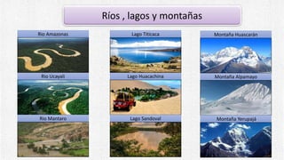 Ríos , lagos y montañas
Rio Ucayali
Rio Mantaro
Rio Amazonas
Lago Huacachina
Lago Sandoval
Lago Titicaca
|
Montaña Alpamayo
Montaña Yerupajá
Montaña Huascarán
 