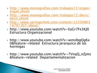 http://www.monografias.com/trabajos12/organ/organ.shtml,[object Object],http://www.monografias.com/trabajos12/decis/decis.shtml,[object Object],http://www.springerlink.com/content/x333h80316781307/about/,[object Object],http://www.youtube.com/watch?v=EaGr7Fe3KJ0 Estructura Organizacional,[object Object],http://www.youtube.com/watch?v=wmsIbgOg6x0&feature=related  Estructura jerarquica de las hormigas,[object Object],http://www.youtube.com/watch?v=7VnqQ_nZjms&feature=related  Departamentalizacion,[object Object],Henry Mintzberg, DISENO ORGANIZACIONAL,[object Object]