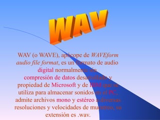 WAV (o WAVE), apócope de  WAVEform audio file format , es un formato de audio  digital  normalmente sin  compresión de datos  desarrollado y propiedad de  Microsoft  y de  IBM  que se utiliza para almacenar sonidos en el  PC , admite archivos  mono  y  estéreo  a diversas resoluciones y velocidades de muestreo, su extensión es .wav. WAV 