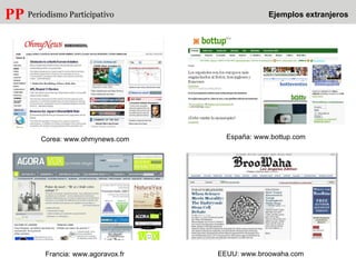 Periodismo Participativo  PP Ejemplos extranjeros España: www.bottup.com Francia: www.agoravox.fr EEUU: www.broowaha.com C...