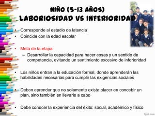 NIÑO (5-13 AÑOS)
  LABORIOSIDAD Vs INFERIORIDAD
• Corresponde al estadio de latencia
• Coincide con la edad escolar

• Meta de la etapa:
   – Desarrollar la capacidad para hacer cosas y un sentido de
     competencia, evitando un sentimiento excesivo de inferioridad

• Los niños entran a la educación formal, donde aprenderán las
  habilidades necesarias para cumplir las exigencias sociales

• Deben aprender que no solamente existe placer en concebir un
  plan, sino también en llevarlo a cabo

• Debe conocer la experiencia del éxito: social, académico y físico
 
