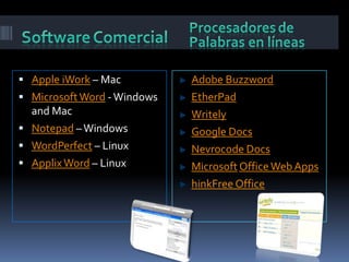  Apple iWork – Mac          Adobe Buzzword
 Microsoft Word - Windows   EtherPad
  and Mac                    Writely
 Notepad – Windows          Google Docs
 WordPerfect – Linux        Nevrocode Docs
 Applix Word – Linux        Microsoft Office Web Apps
                             hinkFree Office
 