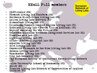 ENoLL Full members

•    IBBT-iLab.o (BE)
•    Flemish Living Lab Platform (BE)
•    Northern Rural-Urban Living Lab (FI)
•    Laurea Living Labs Network (FI)
•    HumanTech LivingLab (FI)
•    Suuntaamo Tampere Central Region Living Lab (FI)
•    Helsinki Living Lab - Forum Virium Helsinki (FI)
•    Ways Of Learning for the Future (FR)
•    Telecommunication Networks Integrated Services Lab (EL)
•    Trentino as a Lab (IT)
•    Lighting Living Lab (PT)
•    i2Cat- Catalonia Digital Lab (ES)
•    espaitec Living Lab (ES)
•    Bird Living Lab (ES)
•    Consorcio Fernando de los Rios Living Lab (ES)
•    Botnia Living Lab (SV)
•    Manchester Living Lab (UK)
•    City Lab Coventry (UK)
•    The European Society of Concurrent Enterprising Network
     (IT)
•    Aalto University School of Economics (FI)
•    ESADE (ES)
•    Finnish Living Lab Network of Universities of Applied
     Sciences (FI)
     •    …
 