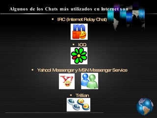 Algunos de los Chats más utilizados en Internet son IRC (Internet Relay Chat) ICQ Yahoo! Messenger y MSN Messenger Service Trillian 