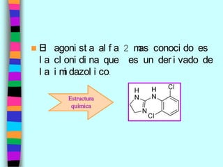   El agoni st a al f a 2 m conoci do es
                            as
    l a cl oni di na que es un der i vado de
    l a i m dazol i co.
           i

          Estructura
           química
 