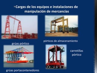 Cargas de los equipos e instalaciones de
manipulación de mercancías
grúas pórtico
grúas portacontenedores
pórticos de almacenamiento
carretillas
pórtico
 