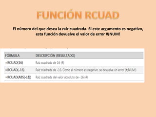 El número del que desea la raíz cuadrada. Si este argumento es negativo,
esta función devuelve el valor de error #¡NUM!
 