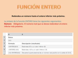 Redondea un número hasta el entero inferior más próximo.
La sintaxis de la función ENTERO tiene los siguientes argumentos:
Número Obligatorio. El número real que se desea redondear al entero
inferior más próximo.
 
