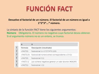 Devuelve el factorial de un número. El factorial de un número es igual a
1*2*3*...* número.
La sintaxis de la función FACT tiene los siguientes argumentos:
Número Obligatorio. El número no negativo cuyo factorial desea obtener.
Si el argumento número no es un entero, se trunca.
 