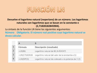 Devuelve el logaritmo natural (neperiano) de un número. Los logaritmos
naturales son logaritmos que se basan en la constante e
(2,71828182845904).
La sintaxis de la función LN tiene los siguientes argumentos:
Número Obligatorio. El número real positivo cuyo logaritmo natural se
desea calcular.
 