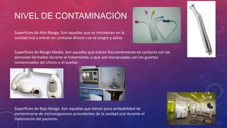 NIVEL DE CONTAMINACIÓN
Superficies de Alto Riesgo. Son aquellas que se introducen en la
cavidad oral y entran en contacto directo con la sangre y saliva
Superficies de Riesgo Medio. Son aquellas que entran frecuentemente en contacto con los
aerosoles formados durante el tratamiento, o que son manipuladas con los guantes
contaminados del clínico o el auxiliar
Superficies de Bajo Riesgo. Son aquellas que tienen poco probabilidad de
contaminarse de microorganismo procedentes de la cavidad oral durante el
tratamiento del paciente.
 