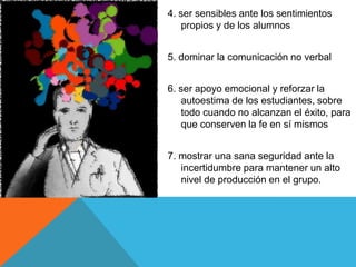 4. ser sensibles ante los sentimientos
propios y de los alumnos
5. dominar la comunicación no verbal
6. ser apoyo emocional y reforzar la
autoestima de los estudiantes, sobre
todo cuando no alcanzan el éxito, para
que conserven la fe en sí mismos
7. mostrar una sana seguridad ante la
incertidumbre para mantener un alto
nivel de producción en el grupo.

 