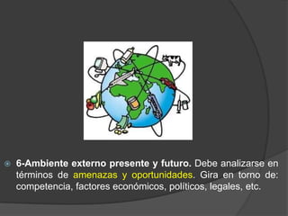 

6-Ambiente externo presente y futuro. Debe analizarse en
términos de amenazas y oportunidades. Gira en torno de:
competencia, factores económicos, políticos, legales, etc.

 