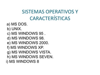 SISTEMAS OPERATIVOS Y
CARACTERÍSTICAS
a) MS DOS.
b) UNIX.
c) MS WINDOWS 95 .
d) MS WINDOWS 98.
e) MS WINDOWS 2000.
f) MS WINDOWS XP.
g) MS WINDOWS VISTA.
h) MS WINDOWS SEVEN.
i) MS WINDOWS 8
 