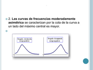  2. Las curvas de frecuencias moderadamente
asimétrica se caracterizan por la cola de la curva a
un lado del máximo central es mayor.

 