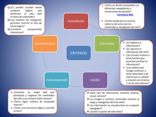 ACCESIBILIDA
CONTENIDO
DISEÑOFUNCIONALIDAD
NAVEGABILIDAD
CRITERIOS
 ¿Tiene un diseño compatible con
diferentes navegadores o
resoluciones de pantalla?
 ¿Cumple la normativa WAI Web
Accesibility Initiative?
 ¿Existe ayuda para el usuario
sobre la estructura de los
contenidos y navegación del sitio?
 ¿Es objetiva la
información?
 ¿Es rigurosa la
información del sitio?
 ¿Se incluyen enlaces a
otras fuentes que
permitan verificar la
información?
 ¿Los enlaces que
recoge conducen a
sitios relevantes o de
interés por su calidad
y relación con el tema
o sirven para distraer?
 ¿Qué tipo de información contiene (textual,
visual, sonora)?
 ¿La imagen o archivos contenidos retrasan la
carga y navegación del sitio web?
 ¿La información se visualiza bien en cualquier
navegador?
 ¿Existe la opción de sólo texto?
 ¿Contiene un mapa web que
jerarquiza y organiza los contenidos
del sitio y sus enlaces están activos?
 ¿Tiene algún sistema de búsqueda
interno?
 ¿Tiene una estructura lógica y sencilla
el sitio?
 ¿Es posible acceder desde
cualquier página que
pertenece al sitio web
al menú de contenidos?
 ¿Los botones de navegación
permiten recorrer el sitio de
forma lógica?
 ¿Contiene componentes
interactivos?
 