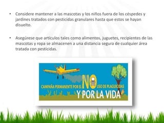 • Considere mantener a las mascotas y los niños fuera de los céspedes y 
jardines tratados con pesticidas granulares hasta que estos se hayan 
disuelto. 
• Asegúrese que artículos tales como alimentos, juguetes, recipientes de las 
mascotas y ropa se almacenen a una distancia segura de cualquier área 
tratada con pesticidas. 

