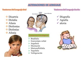 Trastornos Del Lenguaje Oral Trastornos Del Lenguaje Escrito 
Trastornos Psicológicos 
 Disartria 
 Dislalia 
 Afasia 
 Disfemias 
 Disfonías 
 Afonía 
 Bradilalia 
 Estereotipia verbal 
 Jergafasia 
 Musitación 
 MutismoPalilalia 
 Taquilalia 
 Verbigeración 
 Disgrafía 
 Agrafia 
 alexia 
