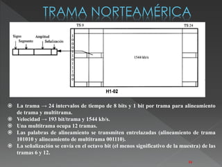  La trama → 24 intervalos de tiempo de 8 bits y 1 bit por trama para alineamiento 
de trama y multitrama. 
 Velocidad → 193 bit/trama y 1544 kb/s. 
 Una multitrama ocupa 12 tramas. 
 Las palabras de alineamiento se transmiten entrelazadas (alineamiento de trama 
101010 y alineamiento de multitrama 001110). 
 La señalización se envía en el octavo bit (el menos significativo de la muestra) de las 
tramas 6 y 12. 
16 
 