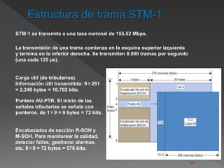 STM-1 se transmite a una tasa nominal de 155,52 Mbps. 
La transmisión de una trama comienza en la esquina superior izquierda 
y termina en la inferior derecha. Se transmiten 8.000 tramas por segundo 
(una cada 125 μs). 
Carga útil (de tributarios). 
Información útil transmitida: 9261 
= 2.249 bytes = 18.792 bits. 
Puntero AU-PTR. El inicio de las 
señales tributarias se señala con 
punteros. de 19 = 9 bytes = 72 bits. 
Encabezados de sección R-SOH y 
M-SOH. Para monitorear la calidad, 
detectar fallas, gestionar alarmas, 
etc. 89 = 72 bytes = 576 bits. 
19 
 