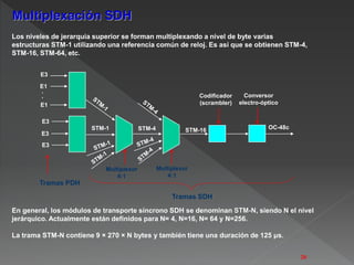 Multiplexación SDH 
Los niveles de jerarquía superior se forman multiplexando a nivel de byte varias 
estructuras STM-1 utilizando una referencia común de reloj. Es así que se obtienen STM-4, 
STM-16, STM-64, etc. 
E3 
E1 
.. 
E1 
E3 
E3 
Conversor 
electro-óptico 
Codificador 
(scrambler) 
Multiplexor 
4:1 
Multiplexor 
4:1 
OC-48c 
STM-1 STM-4 STM-16 
Tramas PDH 
Tramas SDH 
E3 
En general, los módulos de transporte síncrono SDH se denominan STM-N, siendo N el nivel 
jerárquico. Actualmente están definidos para N= 4, N=16, N= 64 y N=256. 
La trama STM-N contiene 9 × 270 × N bytes y también tiene una duración de 125 μs. 
20 
 