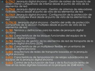  G.774.7: Jerarquía digital síncrona - Gestión de rastreo de trayecto de 
orden inferior y etiquetado de interfaz desde el punto de vista de los 
elementos de red 
 G.774.8: Jerarquía digital síncrona - Gestión de sistemas de relevadores 
radioeléctricos desde el punto de vista de los elementos de red 
 G.774.9: Jerarquía digital síncrona - Configuración de la protección de 
secciones múltiplex lineal desde el punto de vista de los elementos de 
red 
 G.774.10: Jerarquía digital síncrona - Gestión del anillo de protección 
compartida de la sección múltiplex desde el punto de vista de los 
elementos de red 
 G.780: Términos y definiciones para las redes de jerarquía digital 
síncrona 
 G.783: Características de los bloques funcionales del equipo de la 
jerarquía digital síncrona 
 G.784: Aspectos de gestión de los elementos de red de transporte de la 
jerarquía digital síncrona (SDH) 
 G.785: Características de un multiplexor flexible en un entorno de 
jerarquía digital síncrona 
 G.803: Arquitectura de redes de transporte basadas en la jerarquía 
digital síncrona 
 G.813: Características de temporización de relojes subordinados de 
equipos de la jerarquía digital síncrona 
 G.823: Control de la fluctuación de fase y de la fluctuación lenta de 
fase en las redes digitales basadas en la jerarquía de 2048 kbit/s 
23 
 