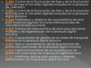  G.824: Control de la fluctuación de fase y de la fluctuación 
lenta de fase en las redes digitales basadas en la jerarquía 
de 1544 kbit/s 
 G.825: Control de la fluctuación de fase y de la fluctuación 
lenta de fase en las redes digitales basadas en la jerarquía 
digital síncrona 
 G.828: Parámetros y objetivos de característica de error 
para trayectos digitales síncronos internacionales de 
velocidad binaria constante 
 G.829: Eventos de característica de error para secciones 
múltiplex y de regeneración de la jerarquía digital 
síncrona 
 G.831: Capacidades de gestión de las redes de transporte 
basadas en la jerarquía digital síncrona 
 G.841: Tipos y características de las arquitecturas de 
protección para redes de la jerarquía digital síncrona 
 G.842: Interfuncionamiento de las arquitecturas de 
protección para redes de la jerarquía digital síncrona 
 G.957: Interfaces ópticas para equipos y sistemas 
relacionados con la jerarquía digital síncrona 
24 
 