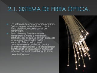  Los sistemas de comunicación por fibra 
óptica emplean también un medio 
físico dieléctrico como canal de 
transmisión. 
 Es un hilo muy fino de material 
transparente, vidrio o materiales 
plásticos, por el que se envían pulsos de 
luz que representan los datos a 
transmitir. El haz de luz queda 
completamente confinado por las 
diferentes densidades y se propaga por 
el interior de la fibra con un ángulo de 
reflexión por encima del ángulo límite 
de reflexión total. 
3 
 