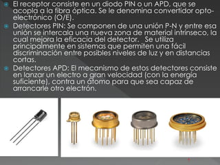  El receptor consiste en un diodo PIN o un APD, que se 
acopla a la fibra óptica. Se le denomina convertidor opto-electrónico 
(O/E). 
 Detectores PIN: Se componen de una unión P-N y entre esa 
unión se intercala una nueva zona de material intrínseco, la 
cual mejora la eficacia del detector. Se utiliza 
principalmente en sistemas que permiten una fácil 
discriminación entre posibles niveles de luz y en distancias 
cortas. 
 Detectores APD: El mecanismo de estos detectores consiste 
en lanzar un electro a gran velocidad (con la energía 
suficiente), contra un átomo para que sea capaz de 
arrancarle otro electrón. 
7 
 