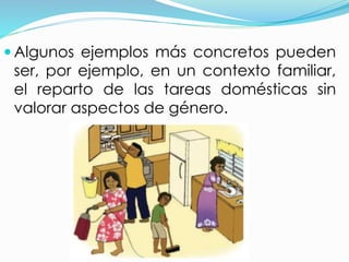  Algunos ejemplos más concretos pueden 
ser, por ejemplo, en un contexto familiar, 
el reparto de las tareas domésticas sin 
valorar aspectos de género. 
 