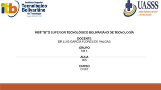 INSTITUTO SUPERIOR TECNOLÓGICO BOLIVARIANO DE TECNOLOGÍA
DOCENTE
DR LUIS GARCÍA FLORES DE VÁLGAS
GRUPO
N# 4
AULA
905
CURSO
D 061
 