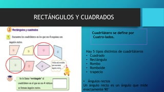 RECTÁNGULOS Y CUADRADOS
Cuadrilátero se define por
Cuatro-lados.
• Ángulos rectos
Un ángulo recto es un ángulo que mide
exactamente 90°
Hay 5 tipos distintos de cuadriláteros
• Cuadrado
• Rectángulo
• Rombo
• Romboide
• trapecio
 