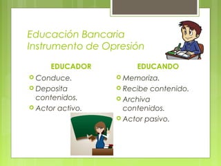 Educación Bancaria
Instrumento de Opresión
EDUCADOR
 Conduce.
 Deposita
contenidos.
 Actor activo.
EDUCANDO
 Memoriza.
 Recibe contenido.
 Archiva
contenidos.
 Actor pasivo.
 