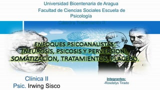 Universidad Bicentenaria de Aragua
Facultad de Ciencias Sociales Escuela de
Psicología
Cátedra Tratamiento II
Integrantes:
-Rosdelys Tirado
Clínica II
Psic. Irwing Sisco
 