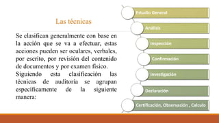 Se clasifican generalmente con base en
la acción que se va a efectuar, estas
acciones pueden ser oculares, verbales,
por escrito, por revisión del contenido
de documentos y por examen físico.
Siguiendo esta clasificación las
técnicas de auditoría se agrupan
específicamente de la siguiente
manera:
Estudio General
Análisis
Inspección
Confirmación
investigación
Declaración
Certificación, Observación , Calculo
Las técnicas
 