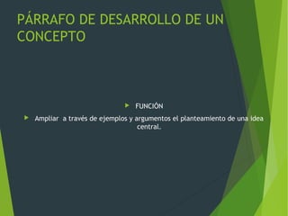PÁRRAFO DE DESARROLLO DE UN
CONCEPTO
 FUNCIÓN
 Ampliar a través de ejemplos y argumentos el planteamiento de una idea
central.
 