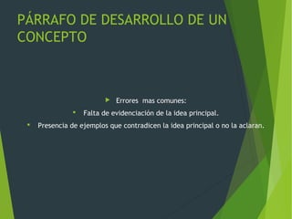 PÁRRAFO DE DESARROLLO DE UN
CONCEPTO
 Errores mas comunes:
 Falta de evidenciación de la idea principal.
 Presencia de ejemplos que contradicen la idea principal o no la aclaran.
 