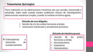 • Tratamiento Quirúrgico
Oclusión de asas delgadas: Se resuelven seccionando, en unos
pacientes, el o los anillos herniaros o bridas y en otros,
realizando resecciones intestinales y anastomosis primarias.
Tiene indicación en las obstrucciones mecánicas con asa cerrada, incarcerada o
volvulada, sobre todo cuando existen evidencias clínicas de estrangulación,
obstrucciones mecánicas simples, cuando se instalan en forma aguda.
Oclusión de asas delgadas:
• Sección de el o los anillos herniarios o bridas
• resecciones intestinales y anastomosis primarias.
 Enterostomias o
extracción de
cuerpos extraños
• Sección de los anillos
herniarios o bridas.
• Hemicolectomia
• Colectomía
• Ileocolectomia
Oclusión de intestino grueso
 