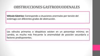 OBSTRUCCIONESGASTRODUODENALES
Vólvulo Gástrico: Corresponde a situaciones anormales por torsión del
estómago con diferentes grados de obstrucción.
Los vólvulos primarios o idiopáticos existen en un porcentaje mínimo; en
cambio, es mucho más frecuente la anormalidad de posición secundaría a
factores predisponentes.
 