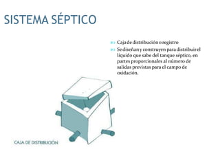  Cajadedistribucióno registro
 Sediseñany construyen paradistribuirel
líquido que sabe del tanque séptico, en
partes proporcionales al número de
salidas previstas para el campo de
oxidación.
SISTEMA SÉPTICO
 