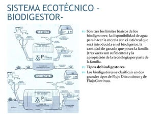  Son tres los límites básicos de los
biodigestores: la disponibilidad de agua
para hacer la mezcla con el estiércol que
será introducida en el biodigestor, la
cantidad de ganado que posea la familia
(tres vacas son suficientes) y la
apropiaciónde la tecnologíaporpartede
lafamilia.
 Tipos debiodigestores
 Los biodigestores se clasifican en dos
grandes tiposde Flujo Discontinuoy de
FlujoContinuo.
SISTEMA ECOTÉCNICO –
BIODIGESTOR-
 