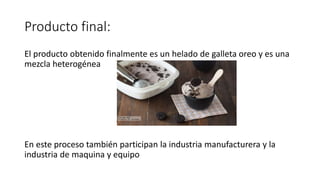 Producto final:
El producto obtenido finalmente es un helado de galleta oreo y es una
mezcla heterogénea
En este proceso también participan la industria manufacturera y la
industria de maquina y equipo
 